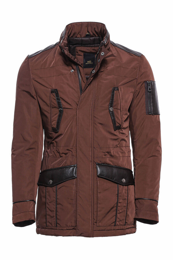 Leather Modeled Brown Slim Fit Quilted Jacket