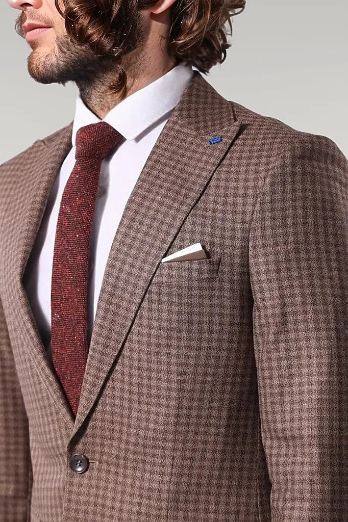 Single Button Plaid Brown Blazer