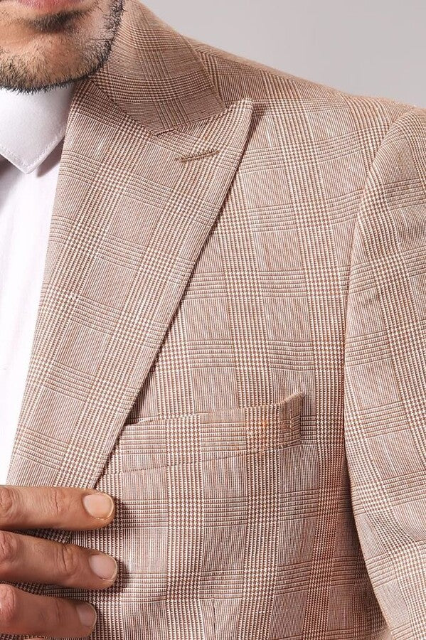 Single Button Plaid Beige Blazer