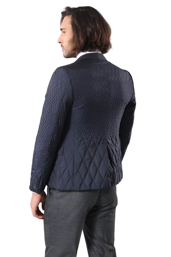 Slim Fit Navy Blue Quilted Blazer