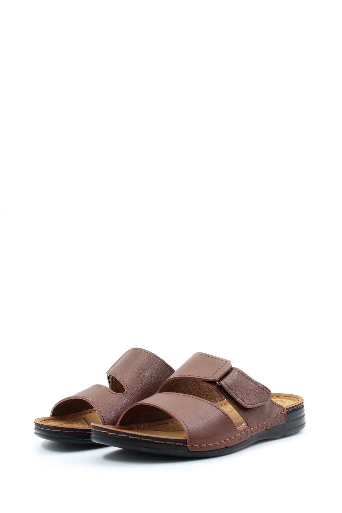 Men's Brown Leather Slide Sandals with Velcro Straps