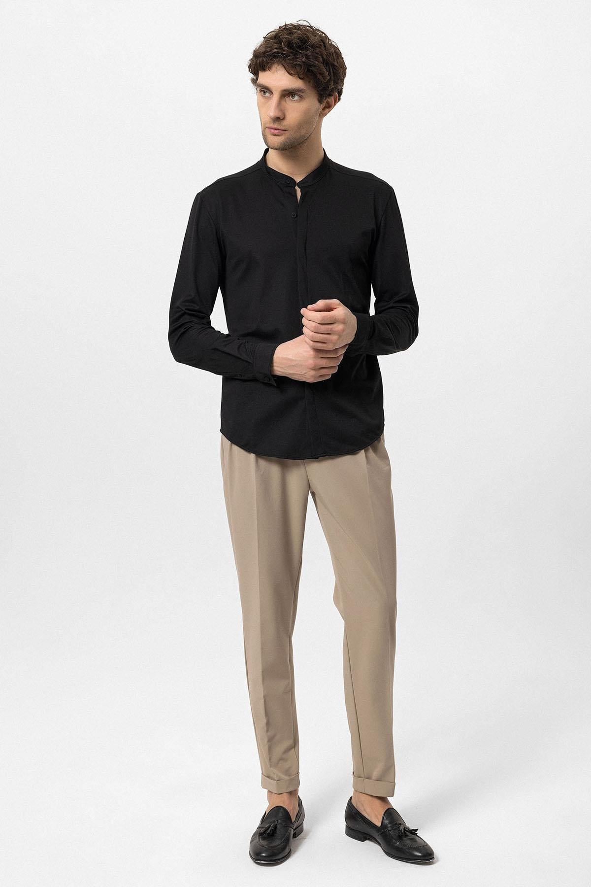 Men's Black Classic Collar Hidden Button Long Sleeve Slim Fit Shirt