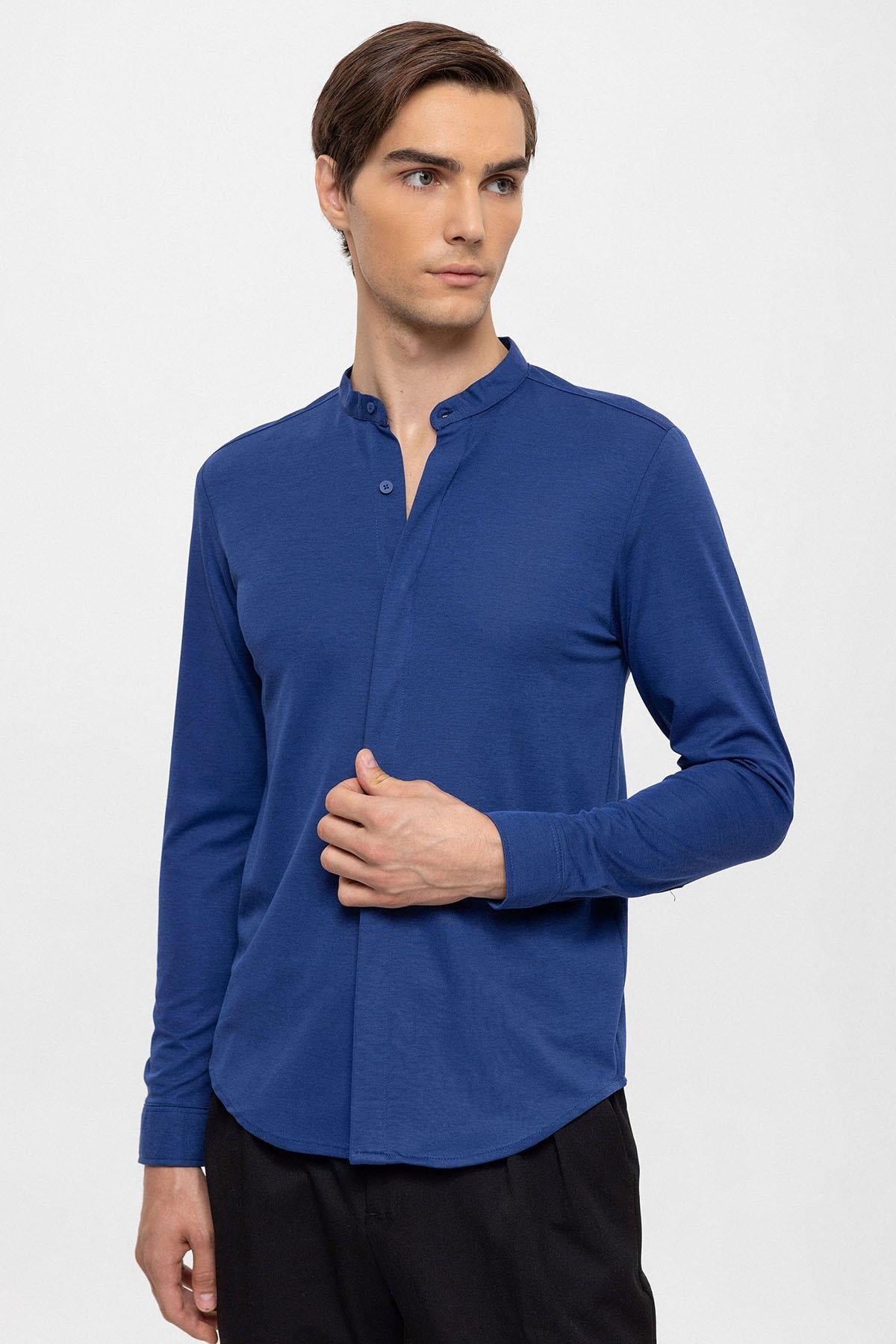 Men's Sax Classic Collar Hidden Button Long Sleeve Slim Fit Shirt