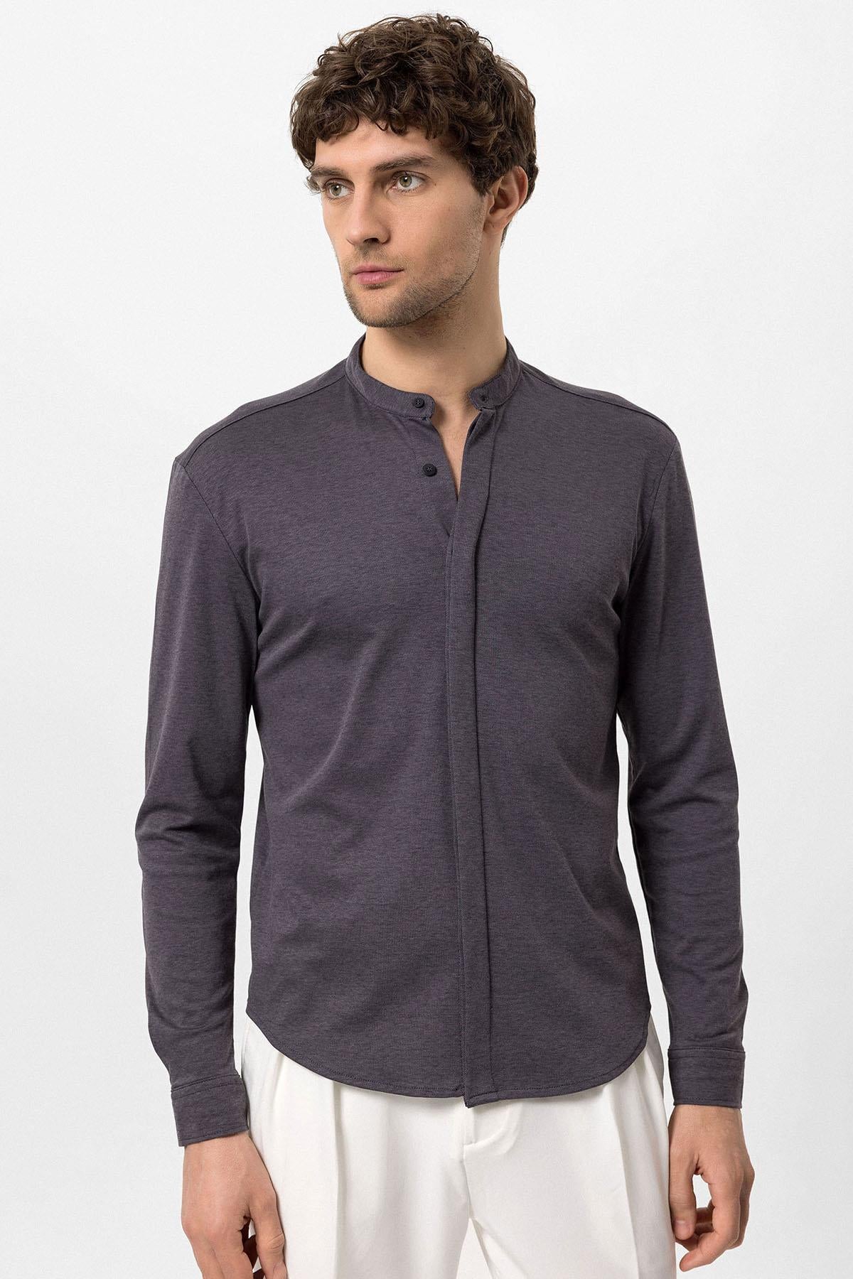 Men's Anthracite Classic Collar Hidden Button Long Sleeve Slim Fit Shirt