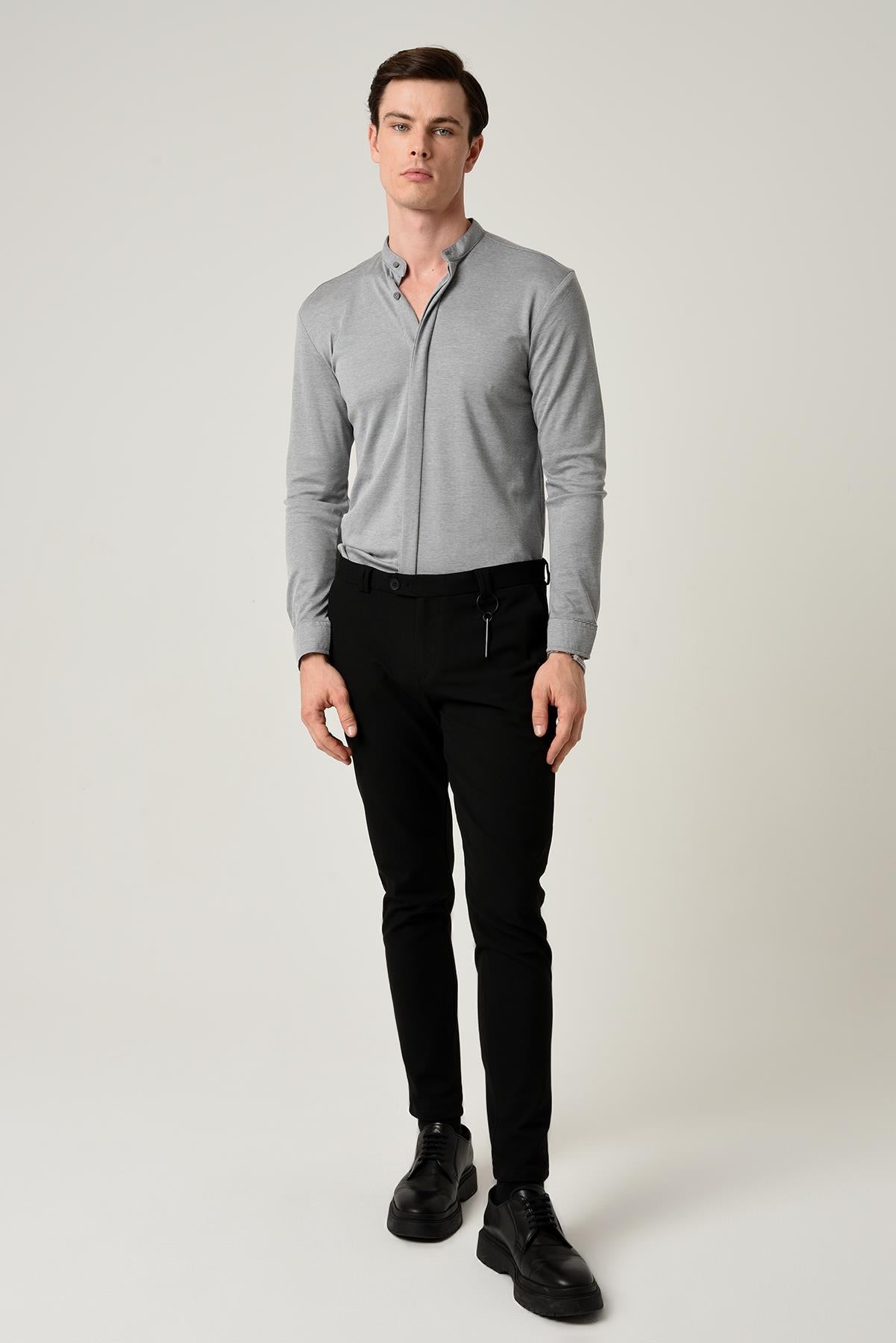 Men's Grey Classic Collar Hidden Button Long Sleeve Slim Fit Shirt