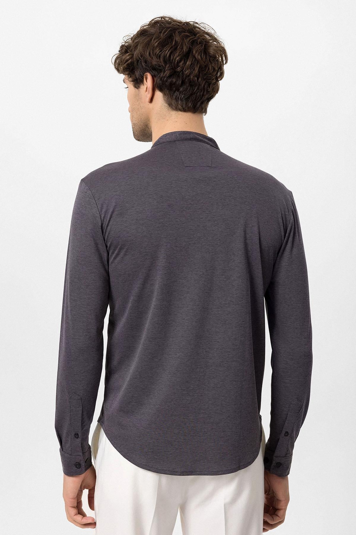 Men's Anthracite Classic Collar Hidden Button Long Sleeve Slim Fit Shirt