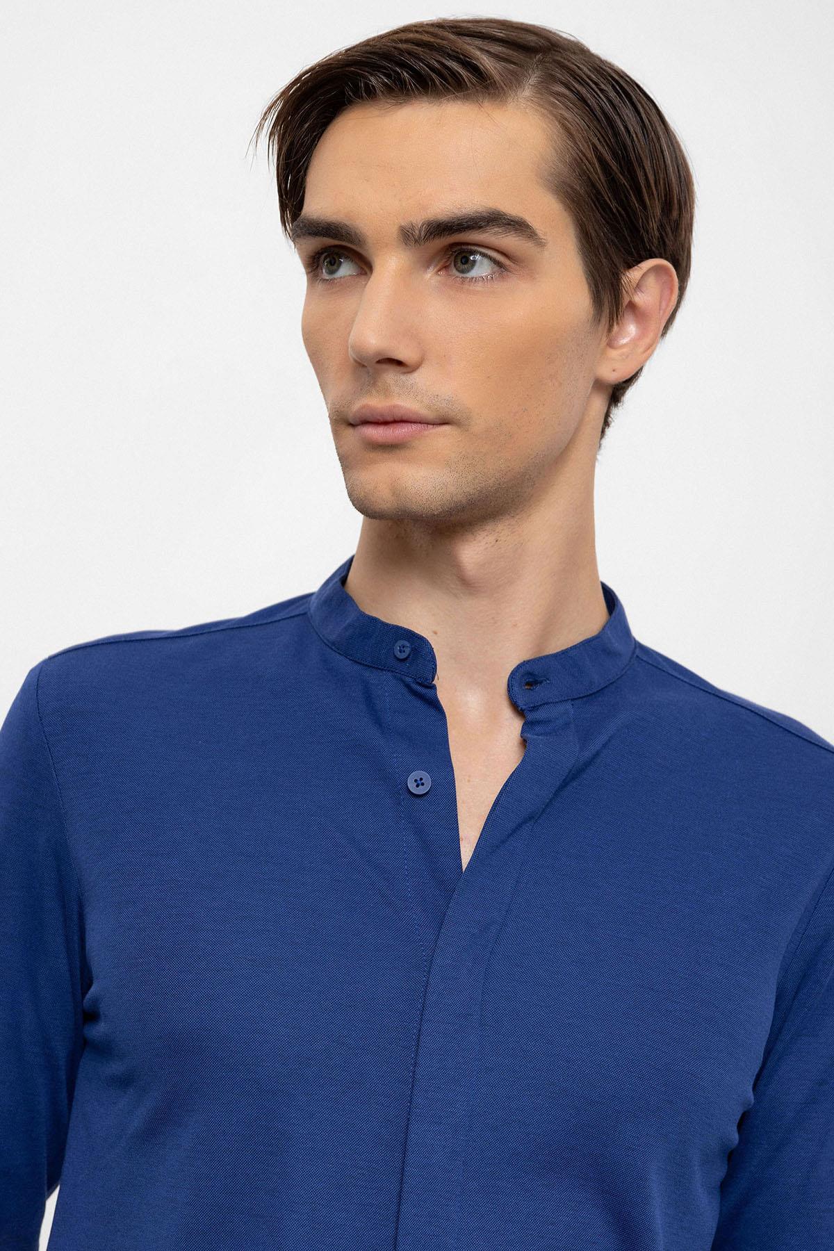 Men's Sax Classic Collar Hidden Button Long Sleeve Slim Fit Shirt