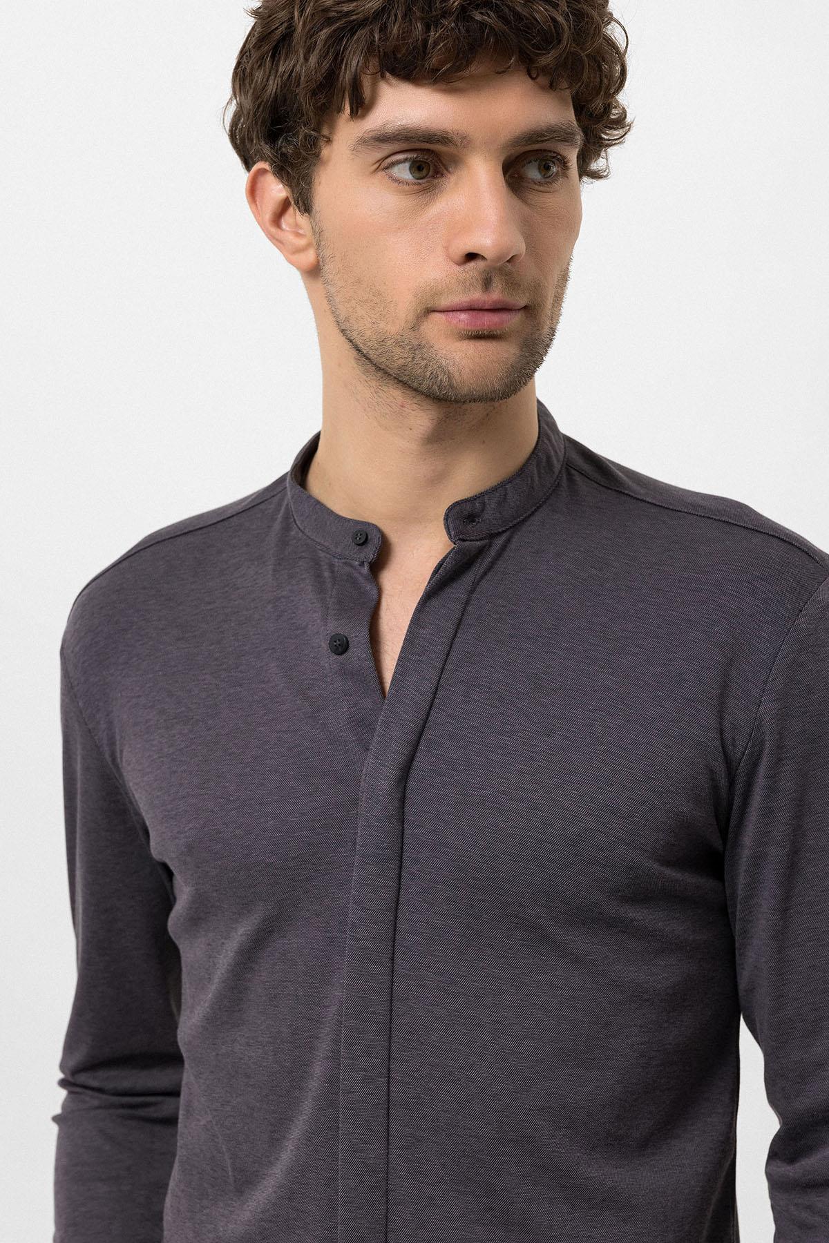 Men's Anthracite Classic Collar Hidden Button Long Sleeve Slim Fit Shirt