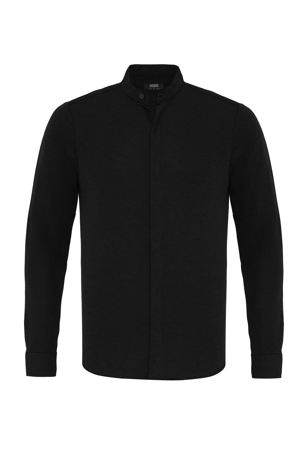 Men's Black Classic Collar Hidden Button Long Sleeve Slim Fit Shirt