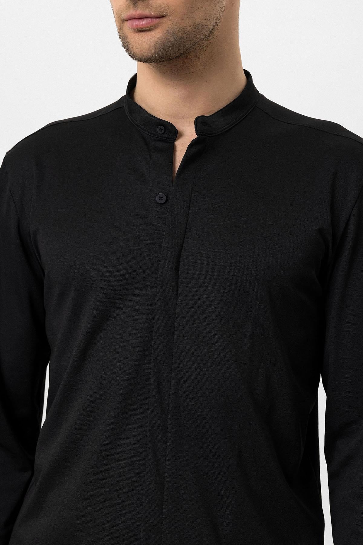 Men's Black Classic Collar Hidden Button Long Sleeve Slim Fit Shirt