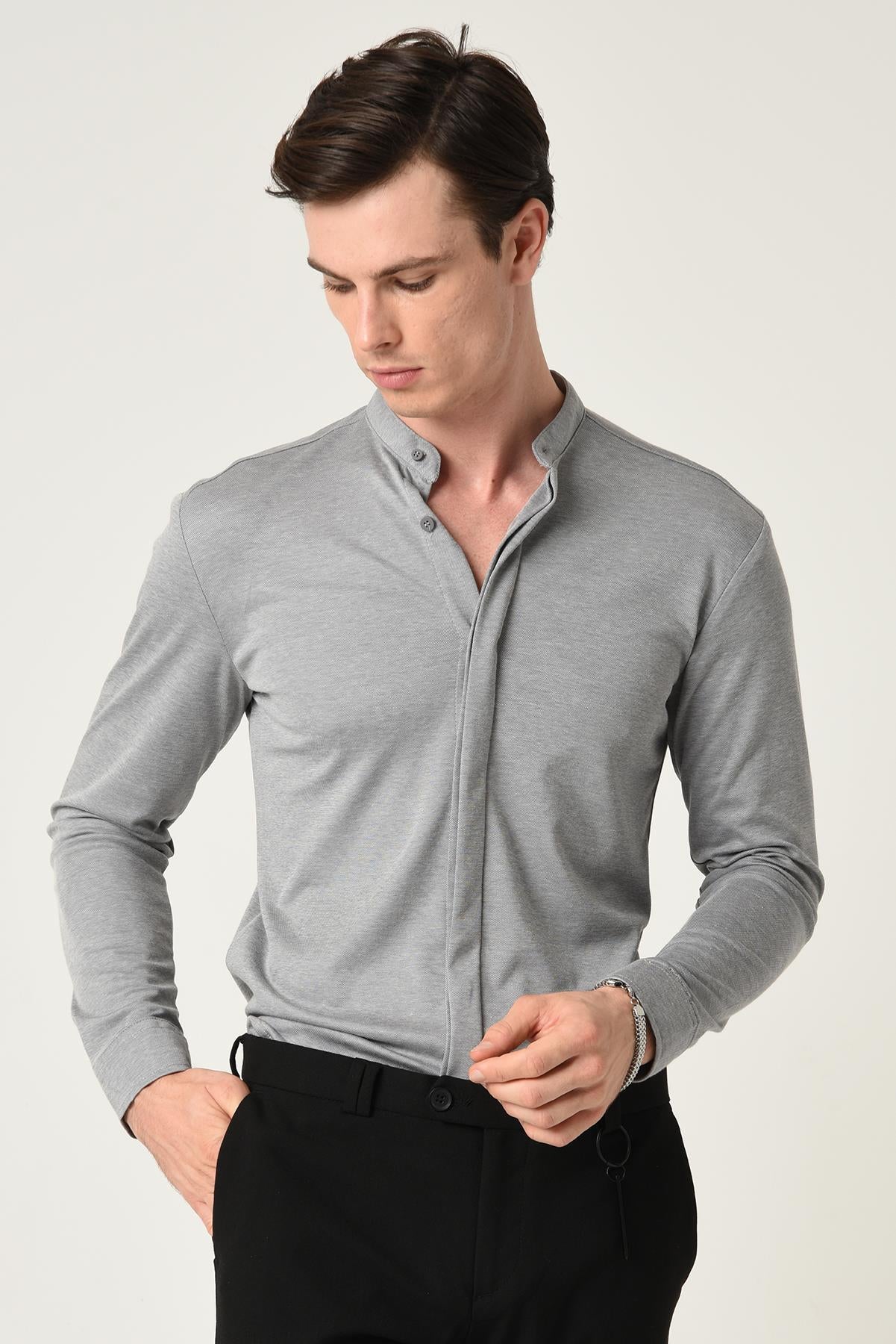 Men's Grey Classic Collar Hidden Button Long Sleeve Slim Fit Shirt