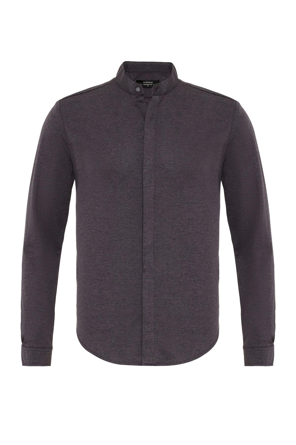 Men's Anthracite Classic Collar Hidden Button Long Sleeve Slim Fit Shirt