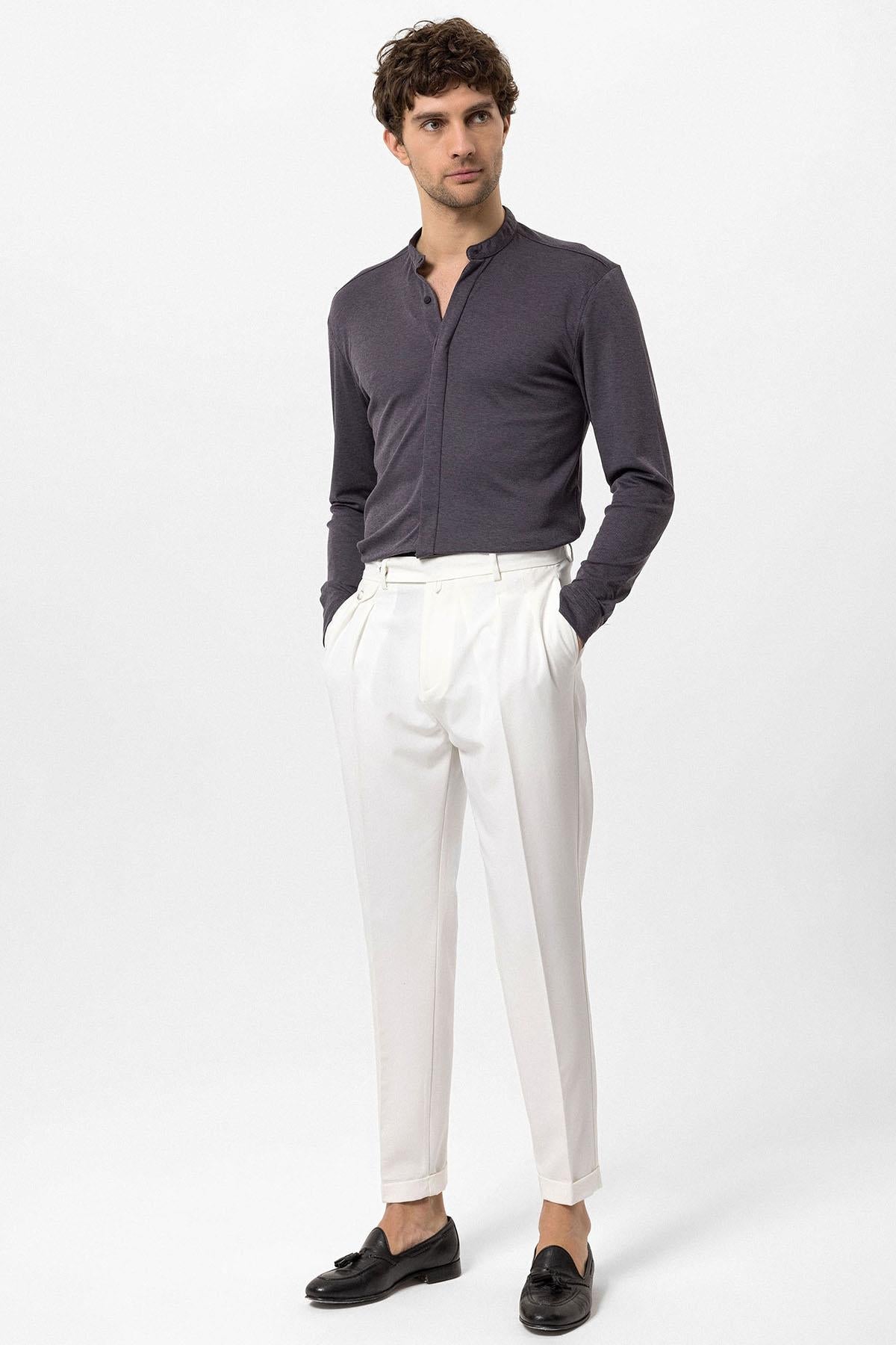 Men's Anthracite Classic Collar Hidden Button Long Sleeve Slim Fit Shirt