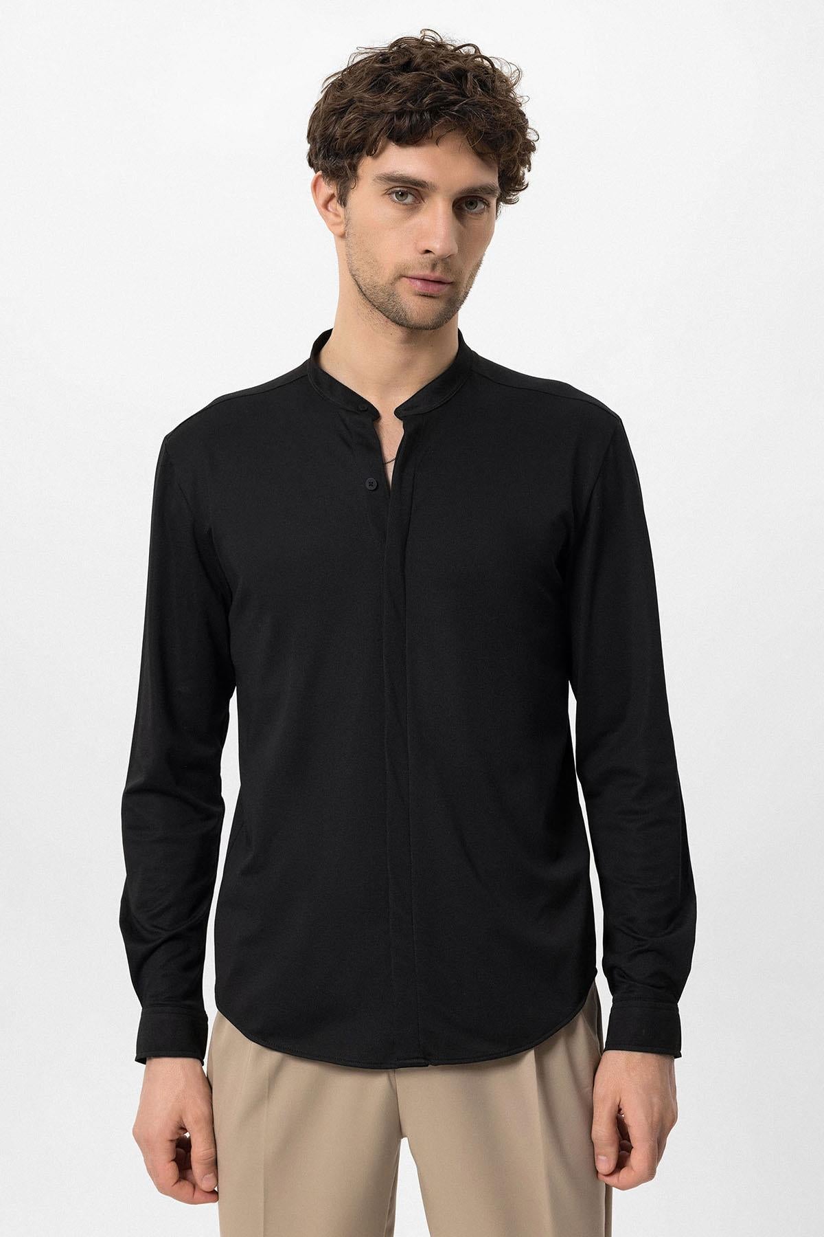 Men's Black Classic Collar Hidden Button Long Sleeve Slim Fit Shirt