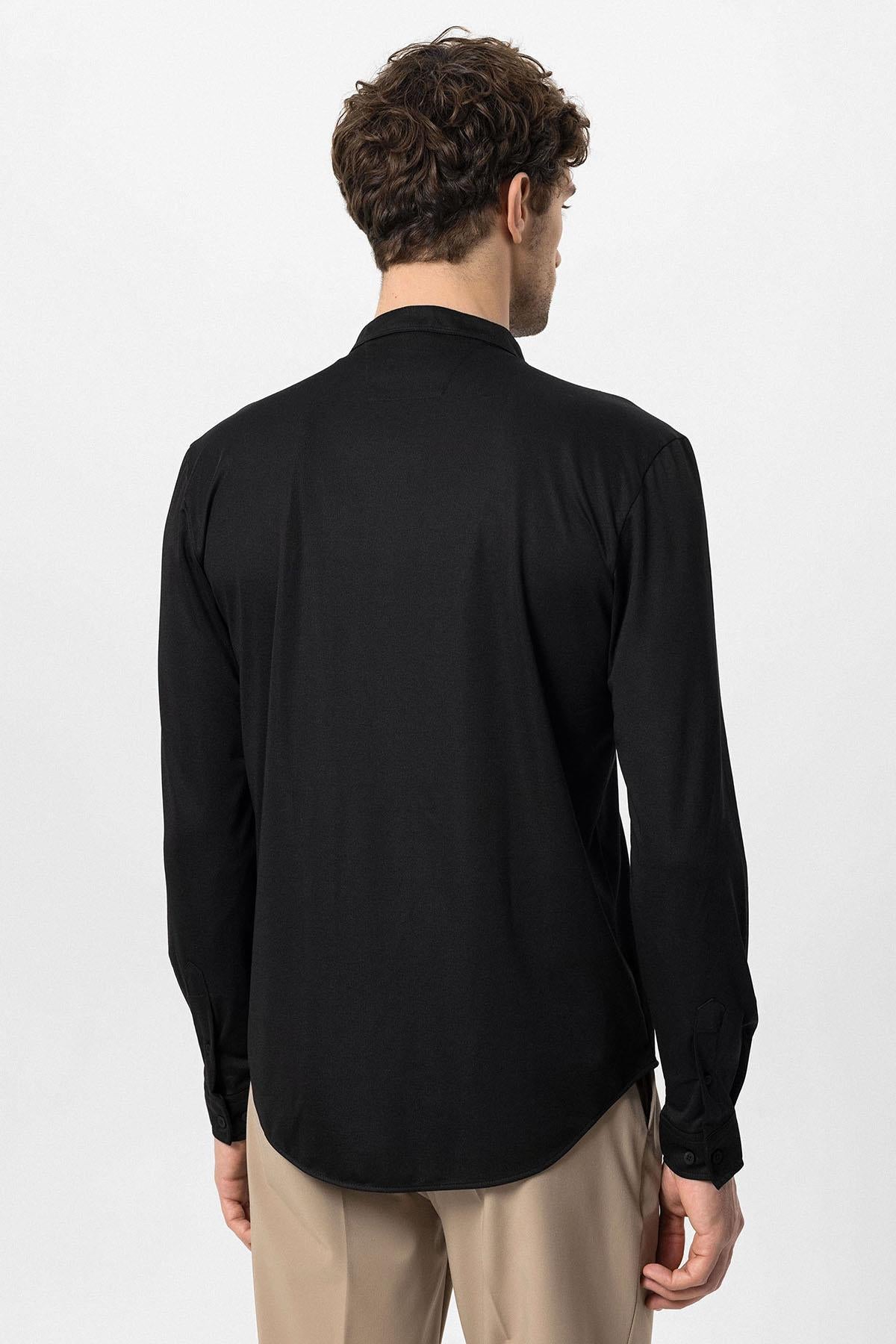 Men's Black Classic Collar Hidden Button Long Sleeve Slim Fit Shirt
