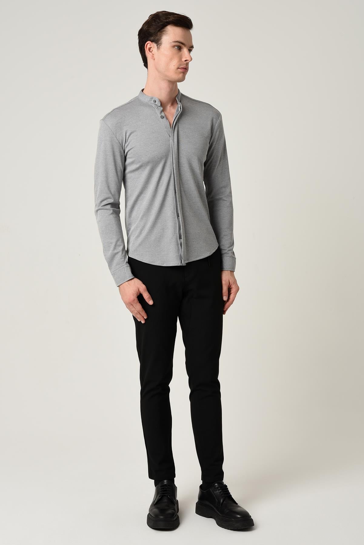 Men's Grey Classic Collar Hidden Button Long Sleeve Slim Fit Shirt