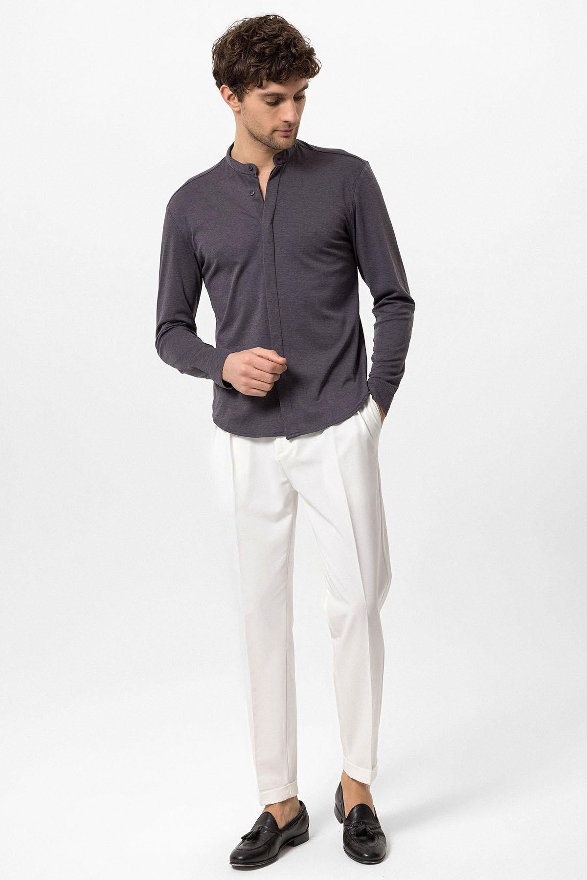 Men's Anthracite Classic Collar Hidden Button Long Sleeve Slim Fit Shirt