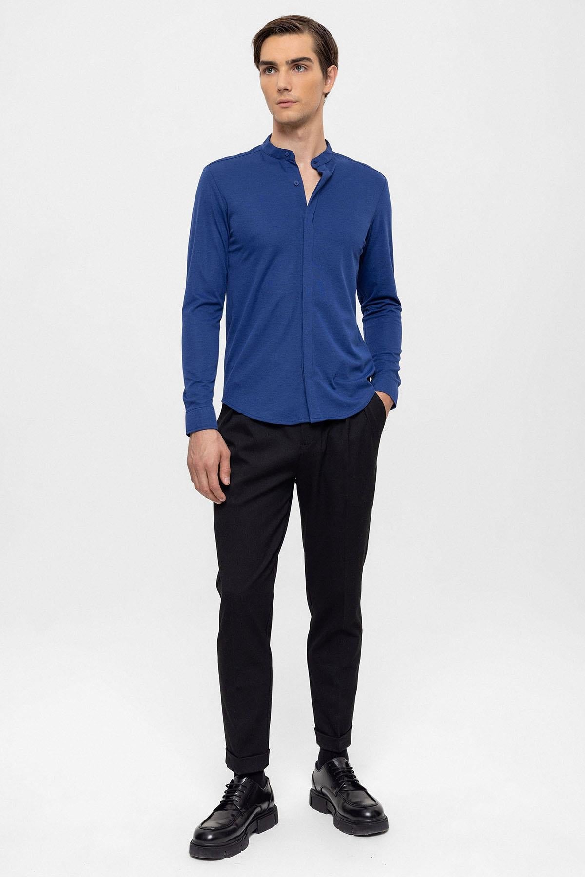 Men's Sax Classic Collar Hidden Button Long Sleeve Slim Fit Shirt