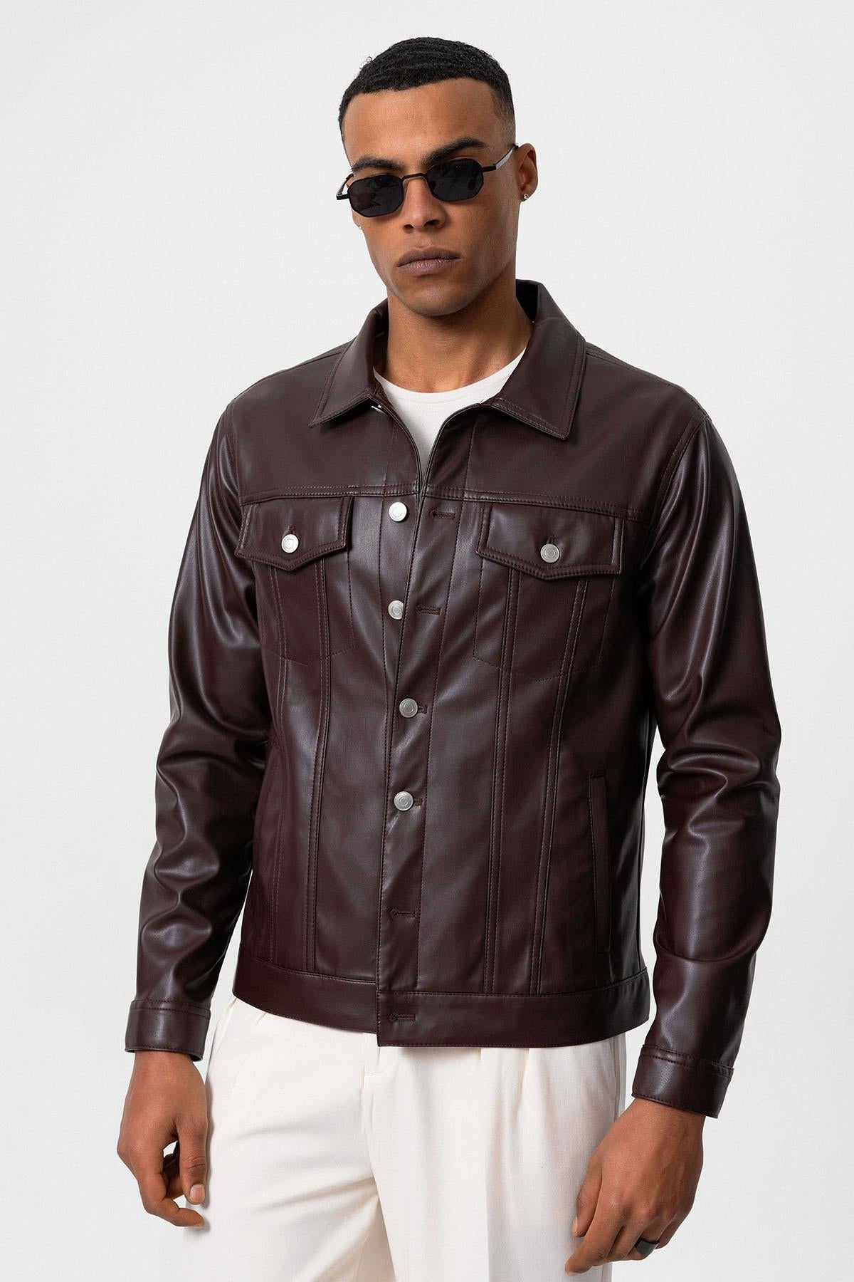 Men's Brown Slim Fit Buttoned Leather Jacket