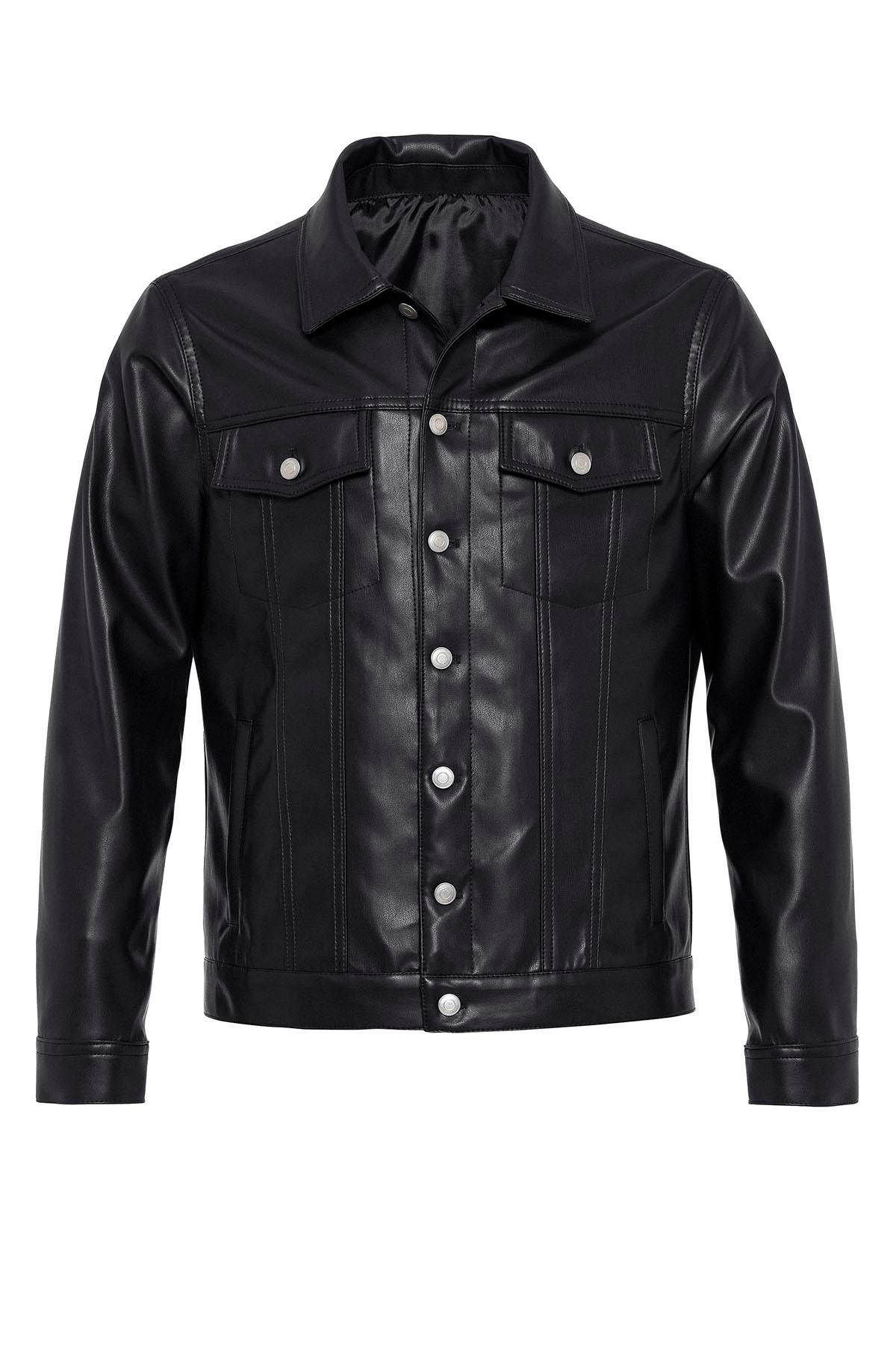 Men's Black Slim Fit Buttoned Leather Jacket