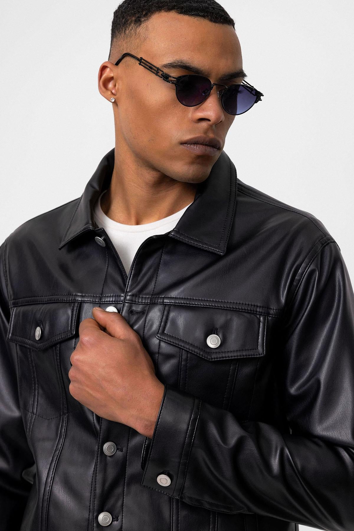 Men's Black Slim Fit Buttoned Leather Jacket