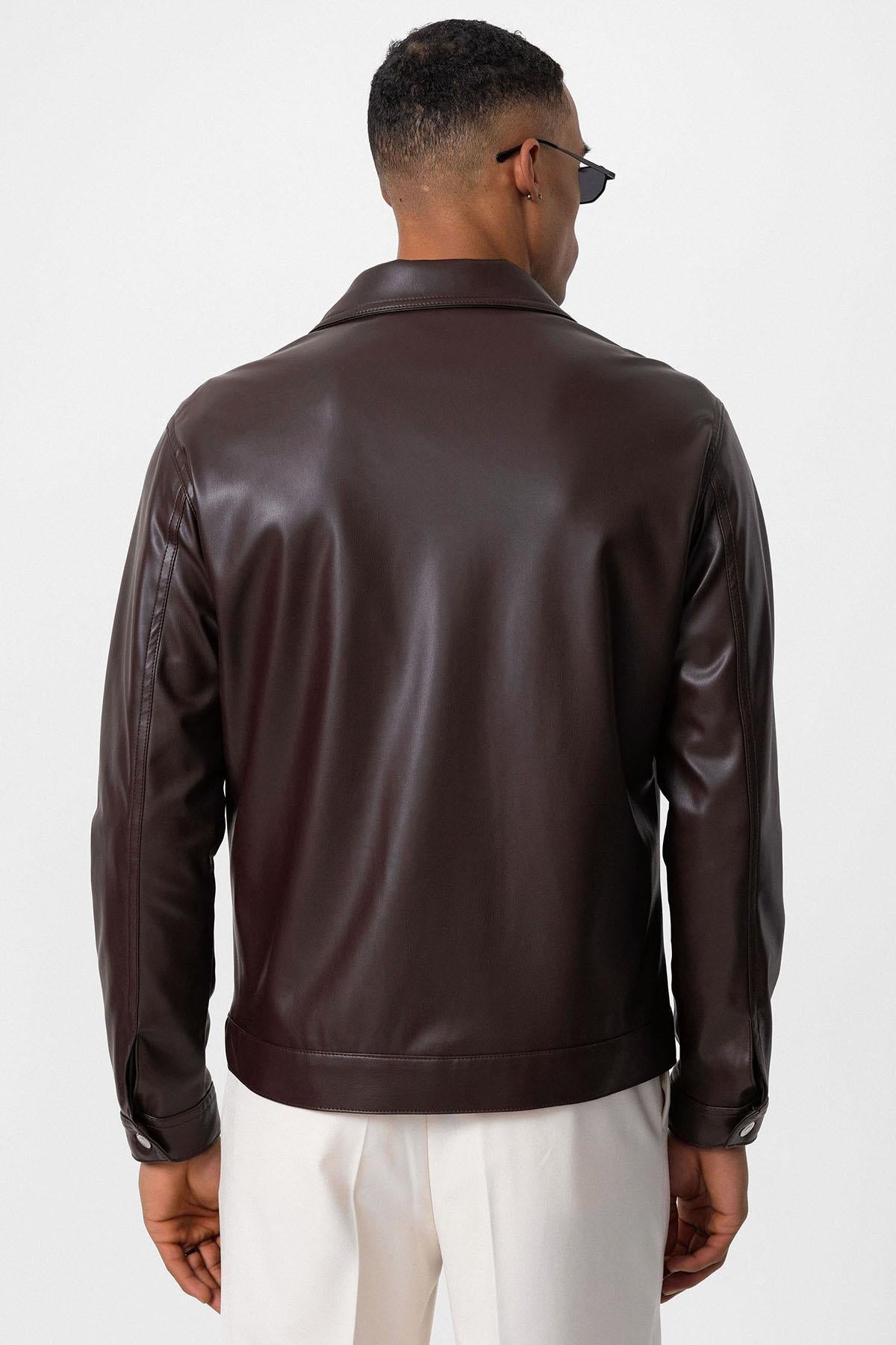 Men's Brown Slim Fit Buttoned Leather Jacket