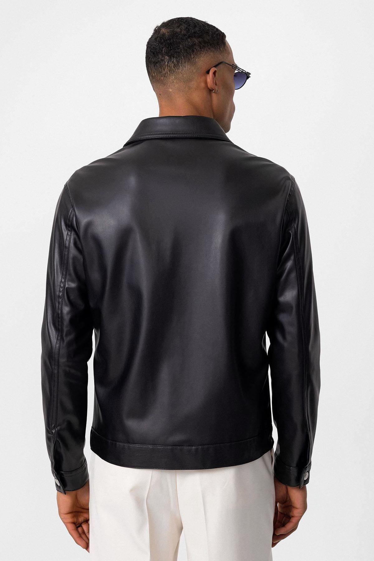 Men's Black Slim Fit Buttoned Leather Jacket