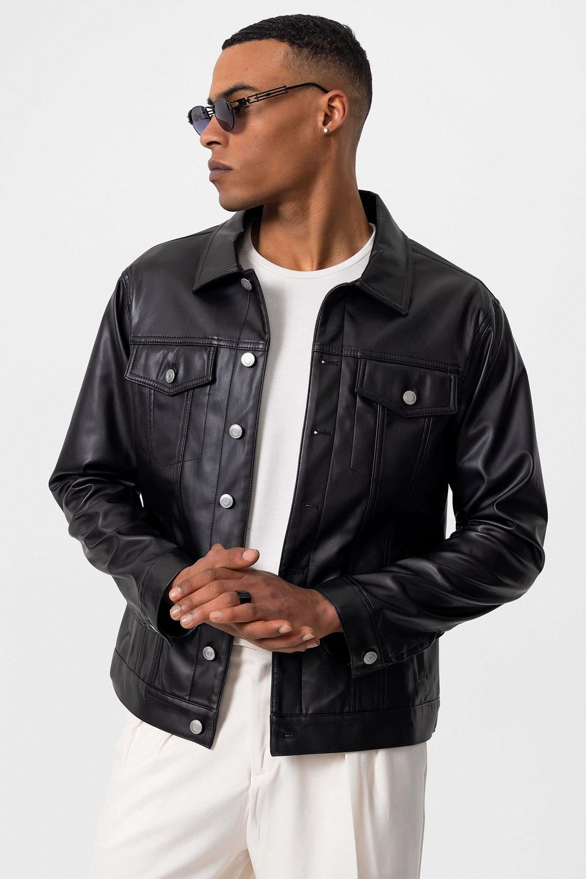 Men's Black Slim Fit Buttoned Leather Jacket