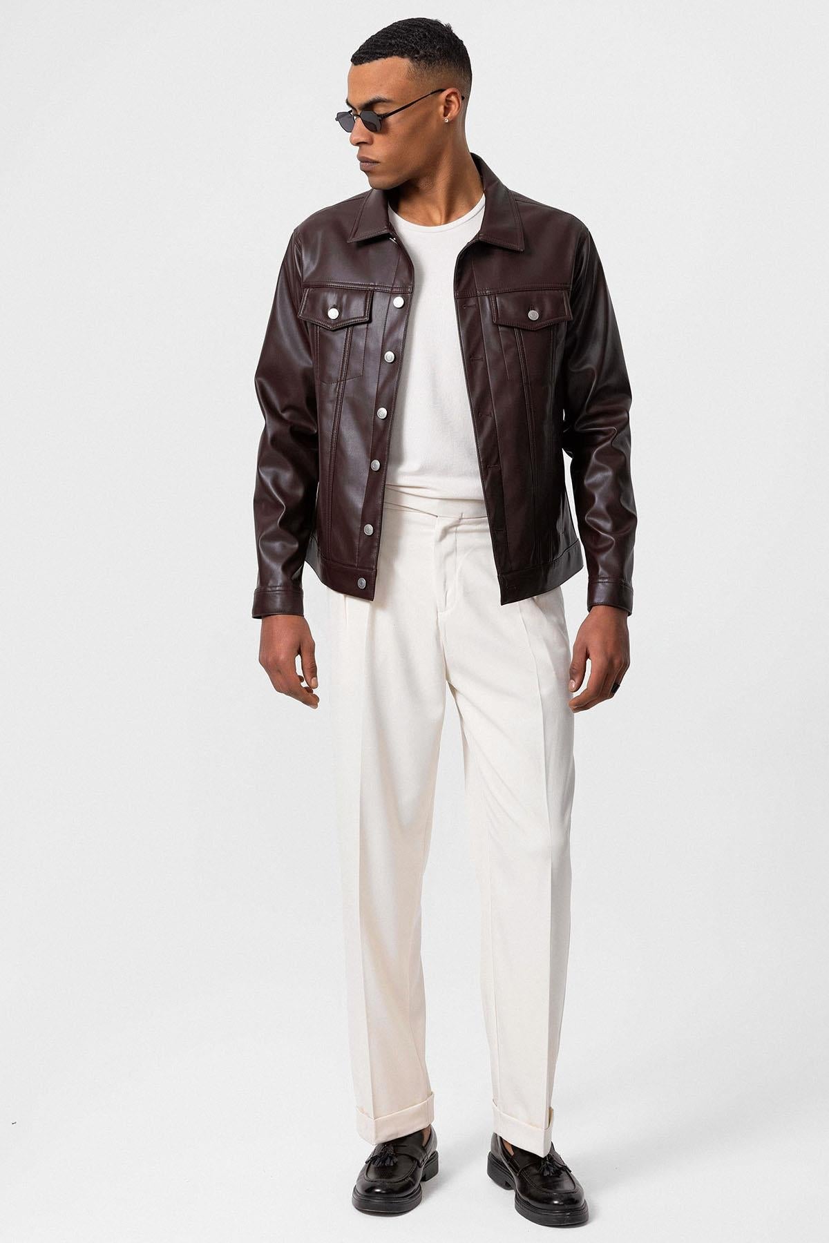 Men's Brown Slim Fit Buttoned Leather Jacket