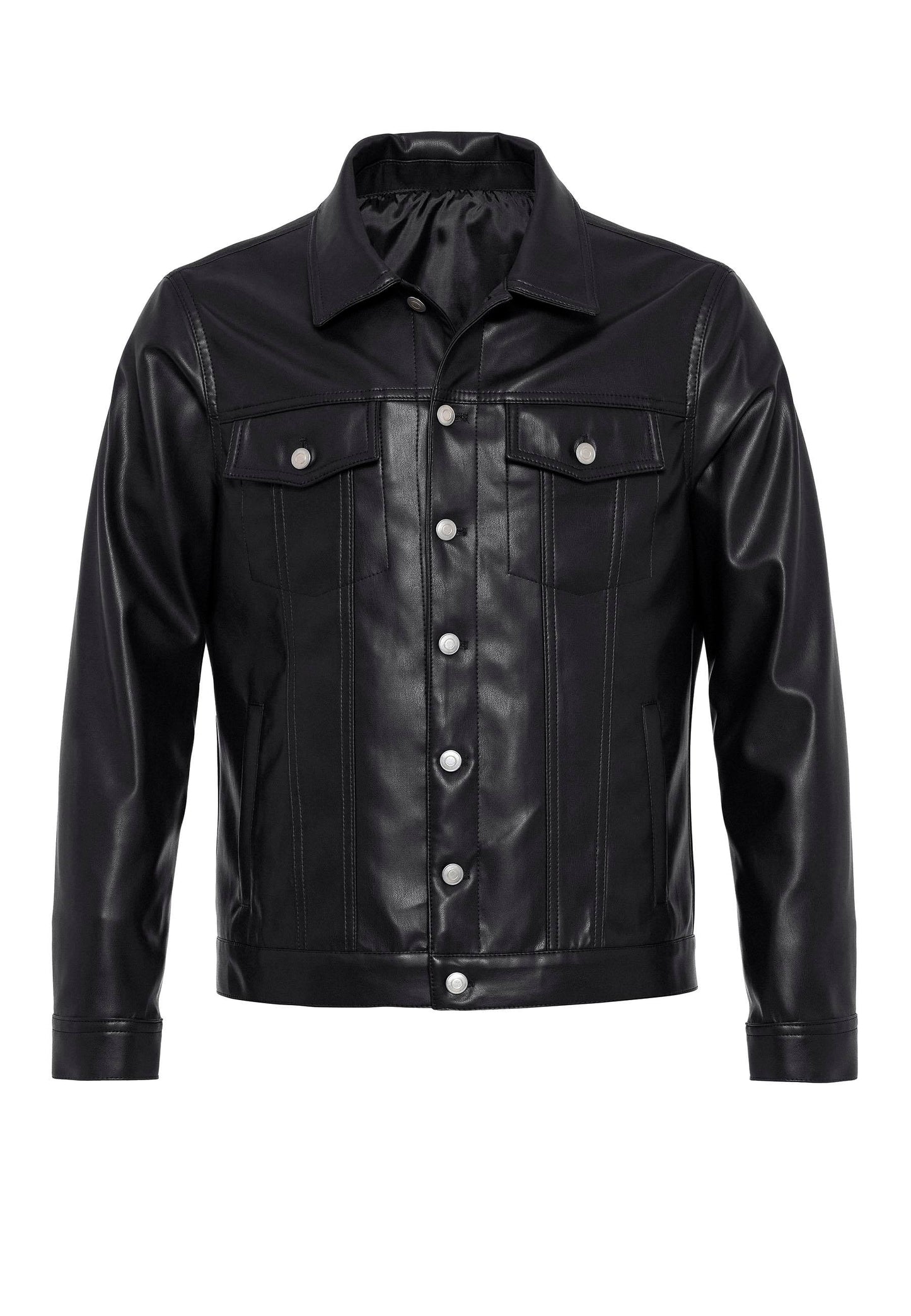 Men's Black Slim Fit Buttoned Leather Jacket