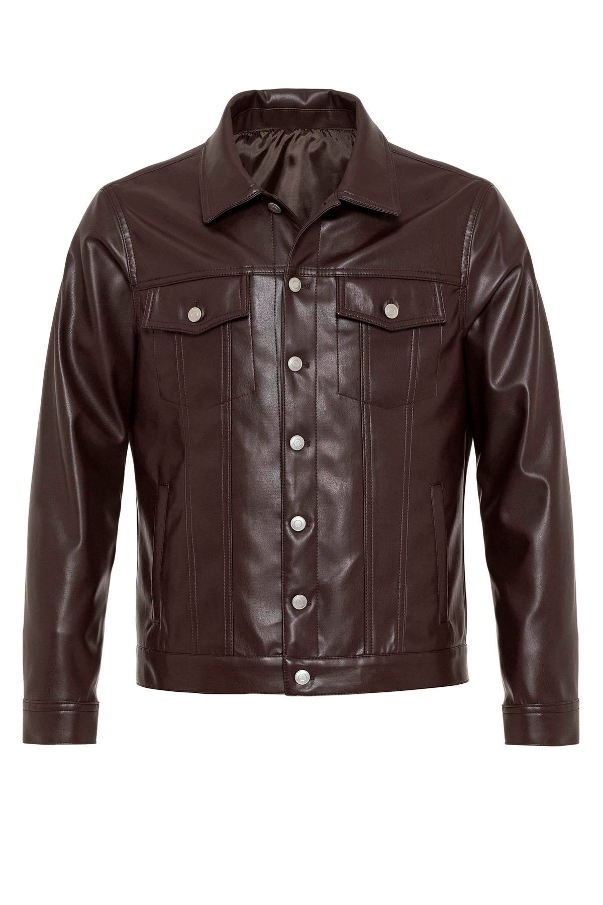 Men's Brown Slim Fit Buttoned Leather Jacket