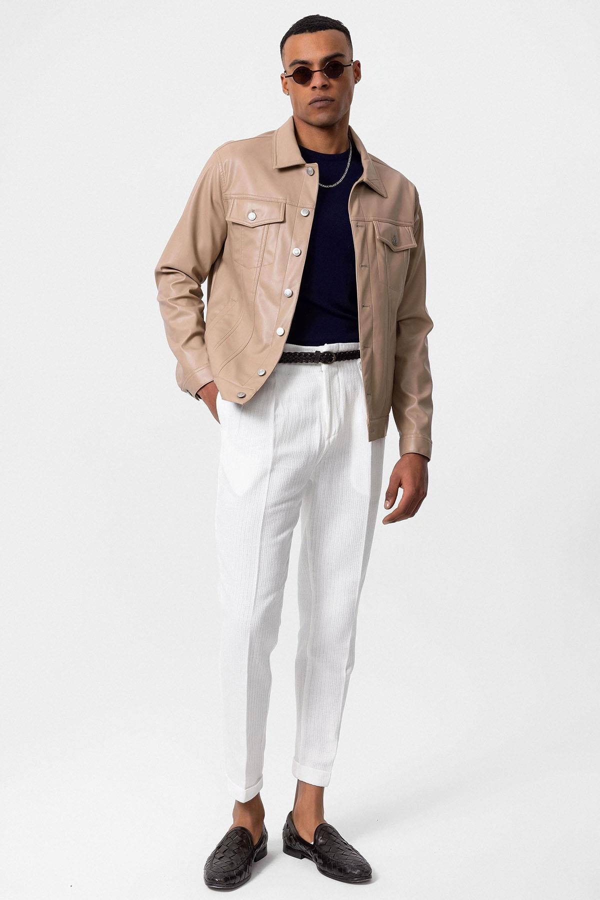 KOALA SYDNEY Men's Light Beige Slim Fit Buttoned Leather Jacket