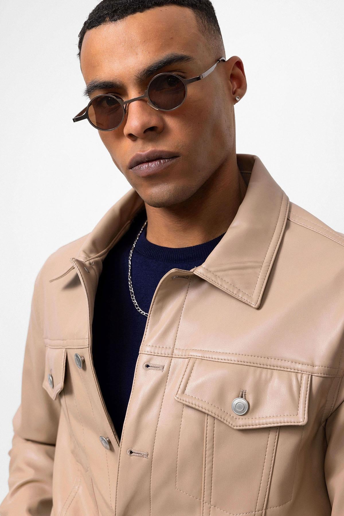 KOALA SYDNEY Men's Light Beige Slim Fit Buttoned Leather Jacket