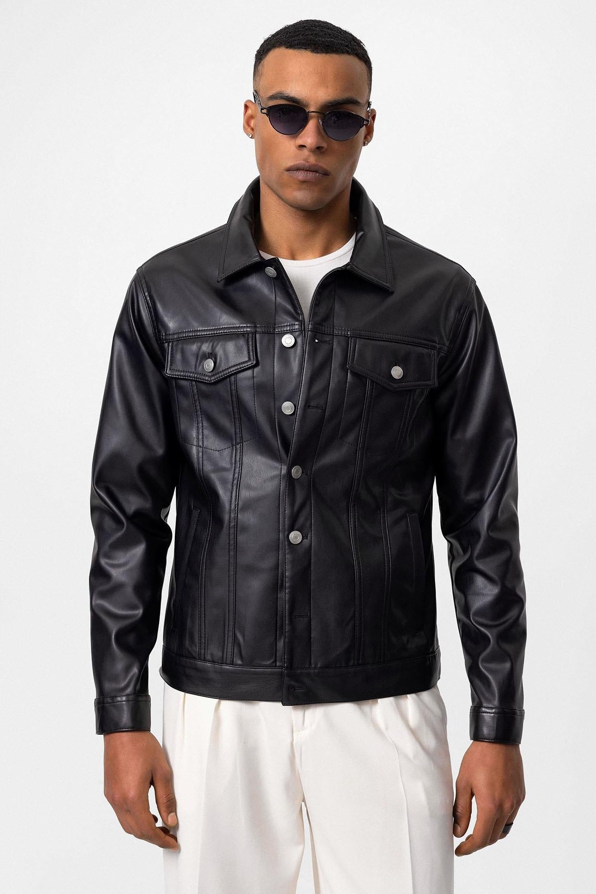 Men's Black Slim Fit Buttoned Leather Jacket