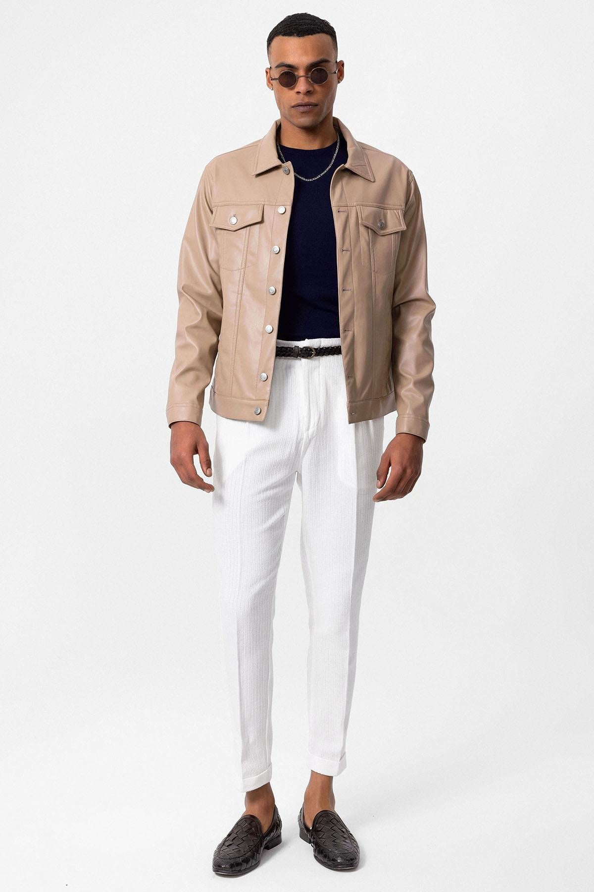 KOALA SYDNEY Men's Light Beige Slim Fit Buttoned Leather Jacket