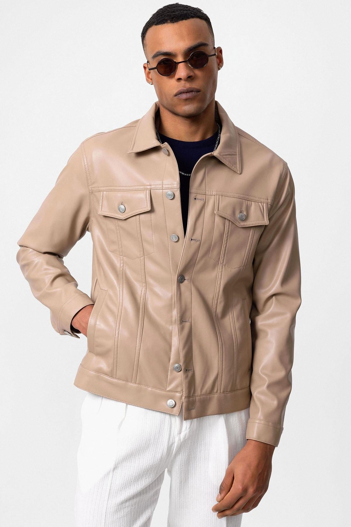 KOALA SYDNEY Men's Light Beige Slim Fit Buttoned Leather Jacket