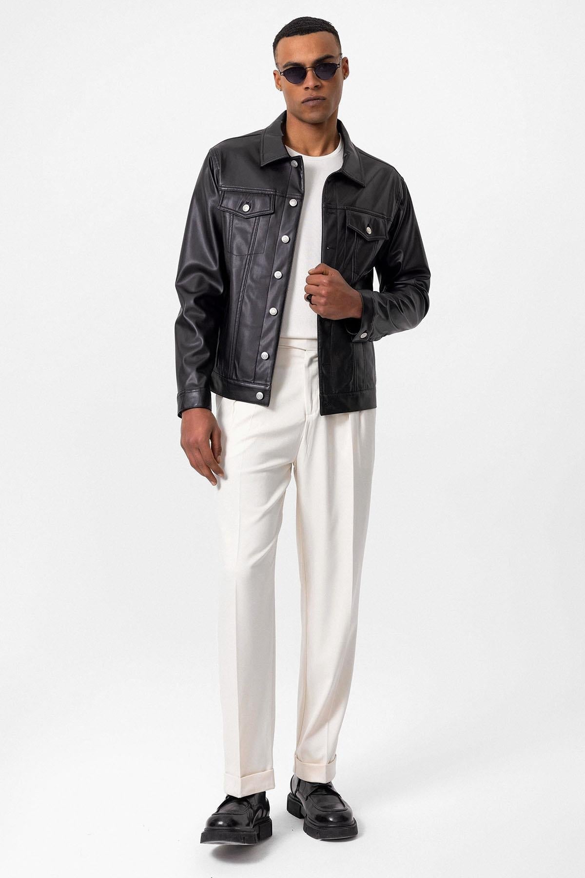 Men's Black Slim Fit Buttoned Leather Jacket