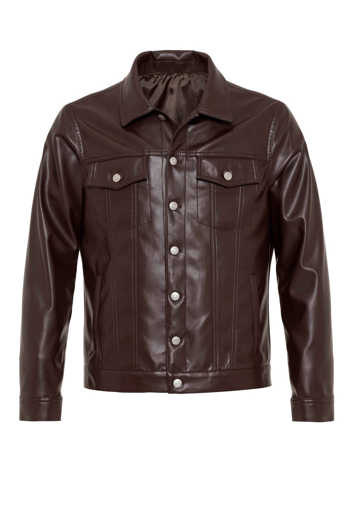 Men's Brown Slim Fit Buttoned Leather Jacket