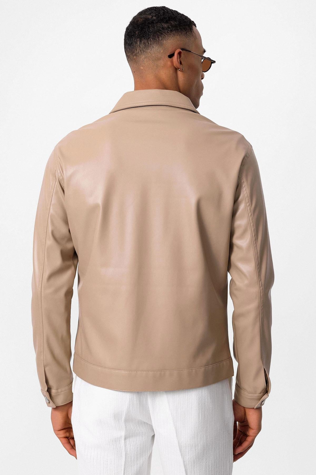 KOALA SYDNEY Men's Light Beige Slim Fit Buttoned Leather Jacket