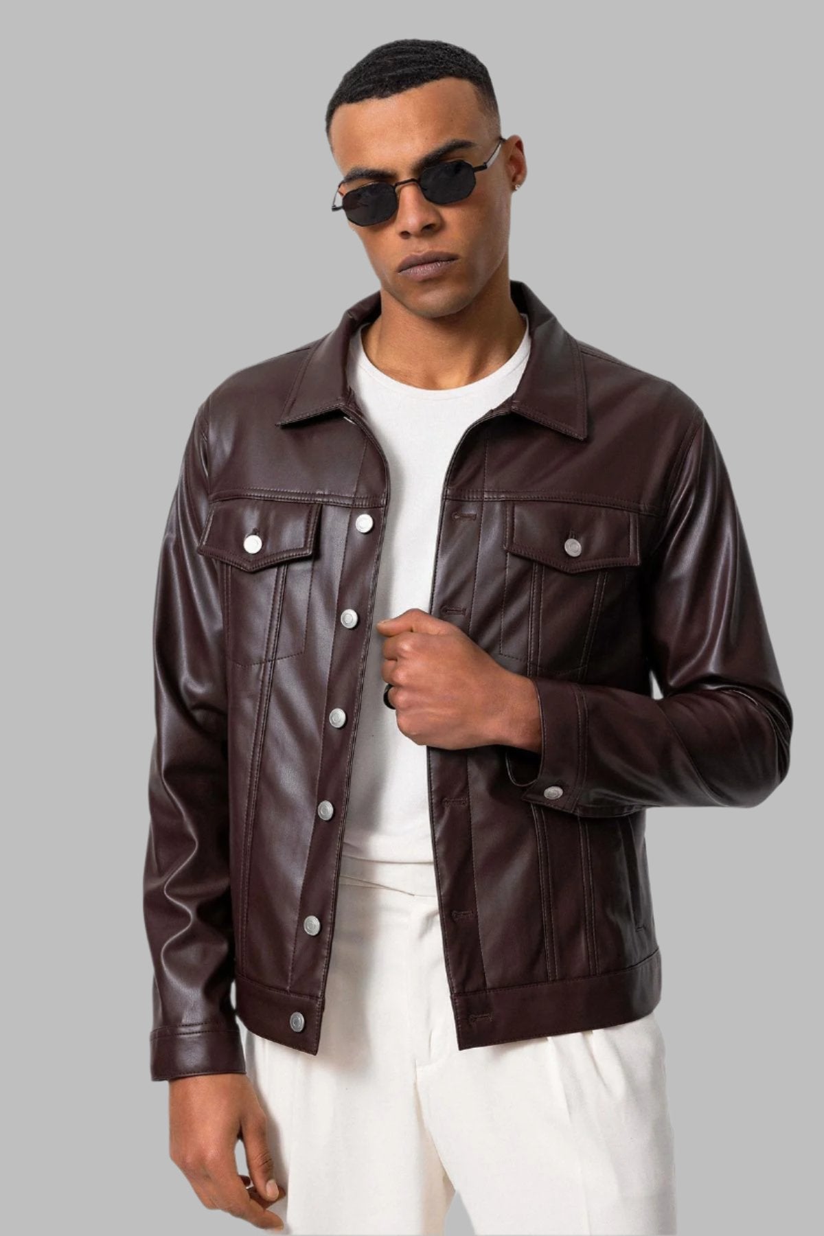 Men's Brown Slim Fit Buttoned Leather Jacket