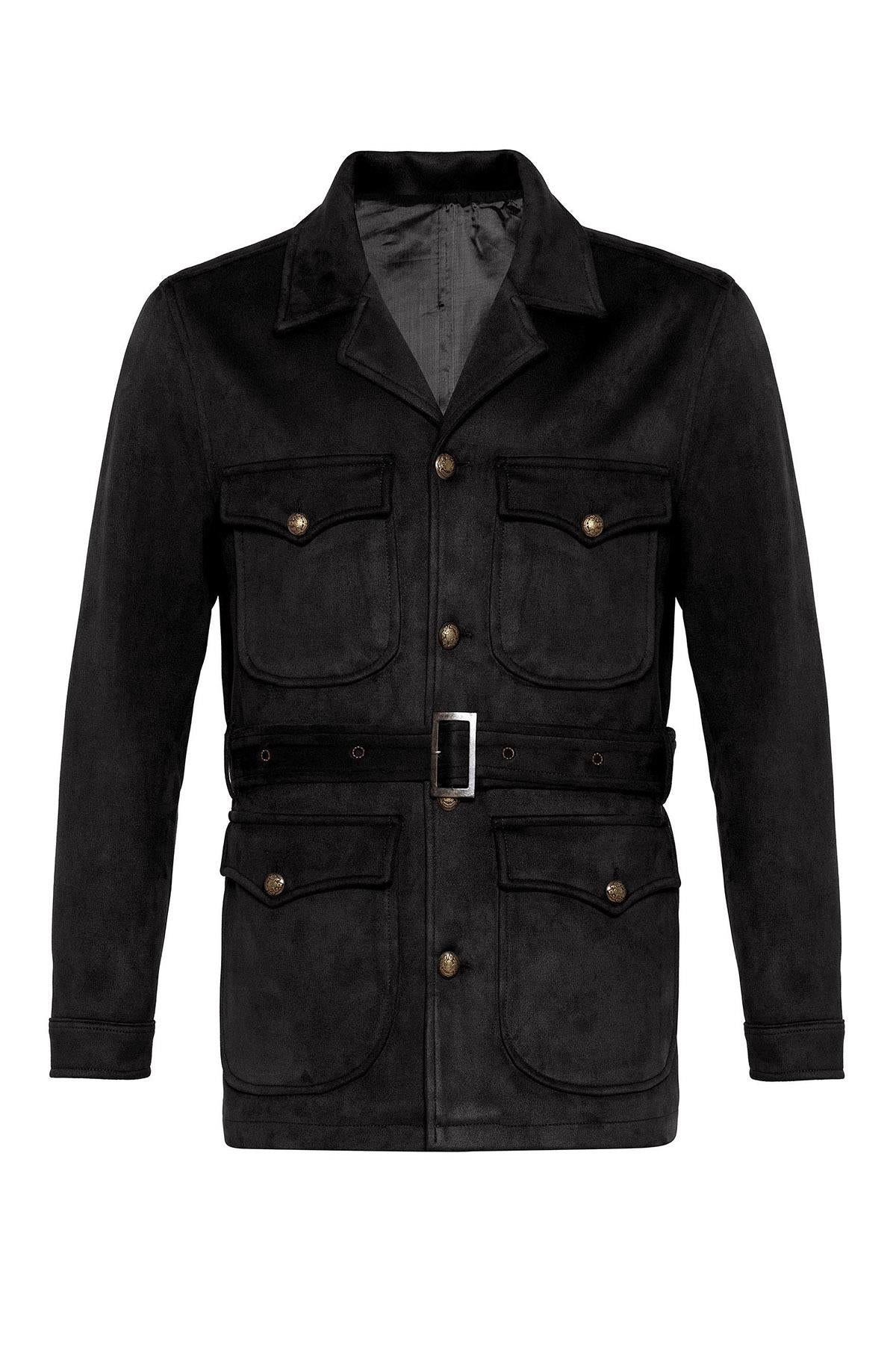 Men's Black Slim Fit Belted Suede Coat