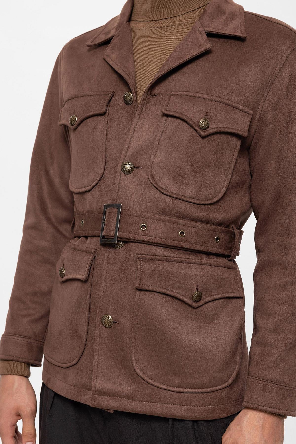 Men's Dark Brown Slim Fit Belted Suede Coat