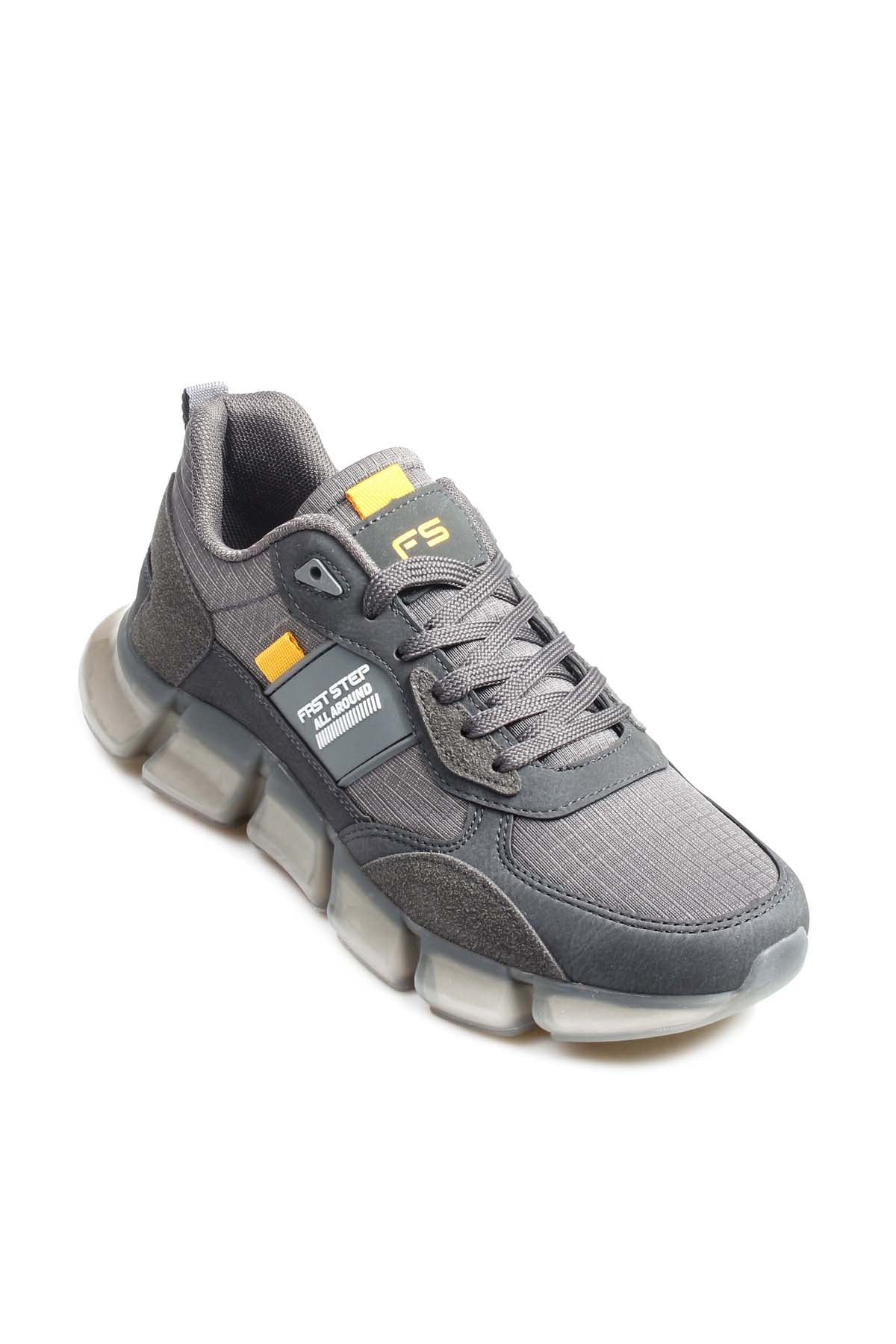 Men's Gray Athletic Sneakers with Transparent Sole and Yellow Accents