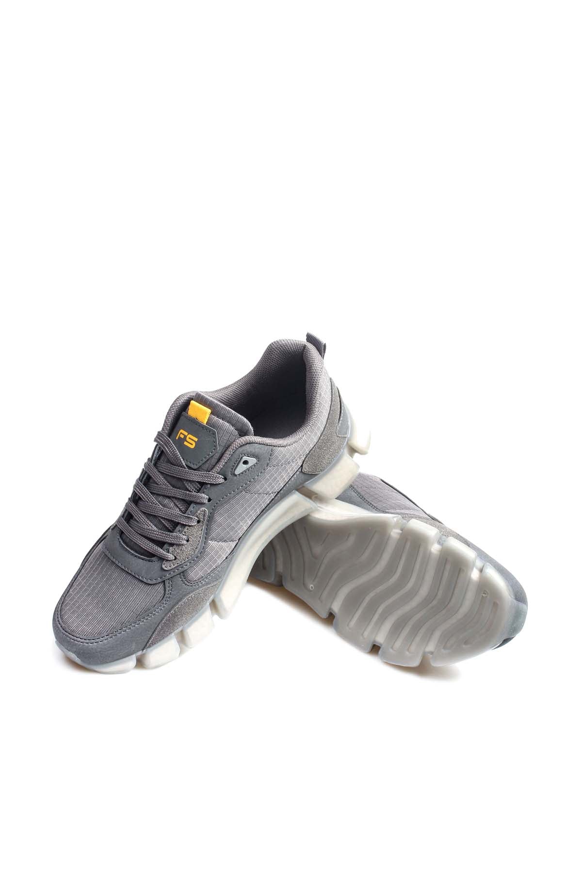 Men's Gray Athletic Sneakers with Transparent Sole and Yellow Accents