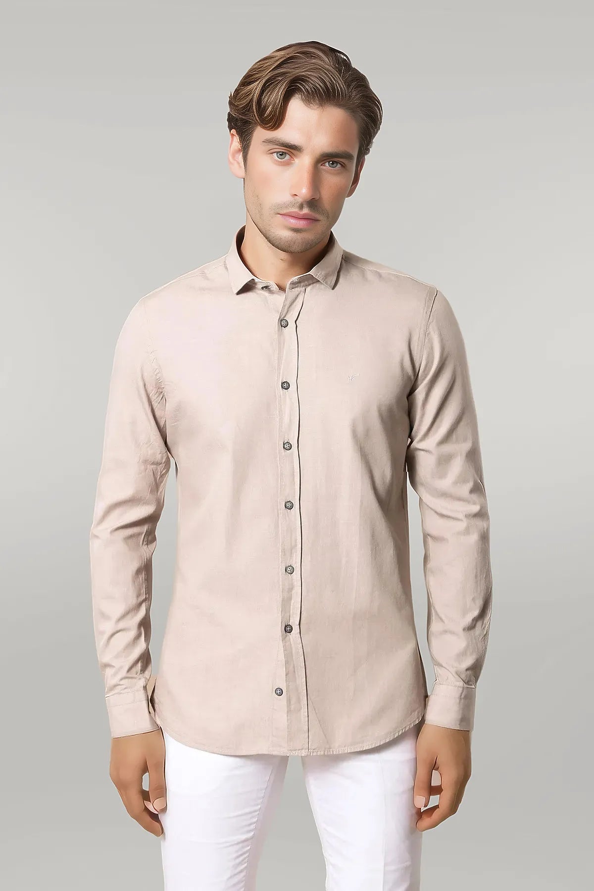 Patterned Cotton Slim Fit Beige Shirt