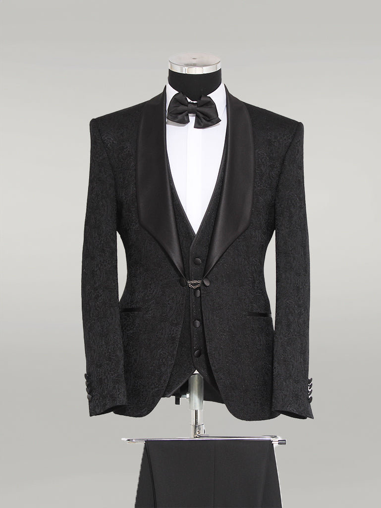 KOALA SYDNEY 3-Piece Patterned Single Button Satin Lapel Black Men's Tuxedo with Bow Tie