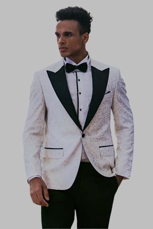 Feather Patterned Slim Fit White Men Tuxedo Blazer