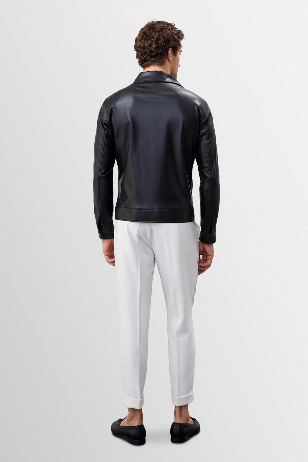 Men's Black Zippered Faux Leather Coat