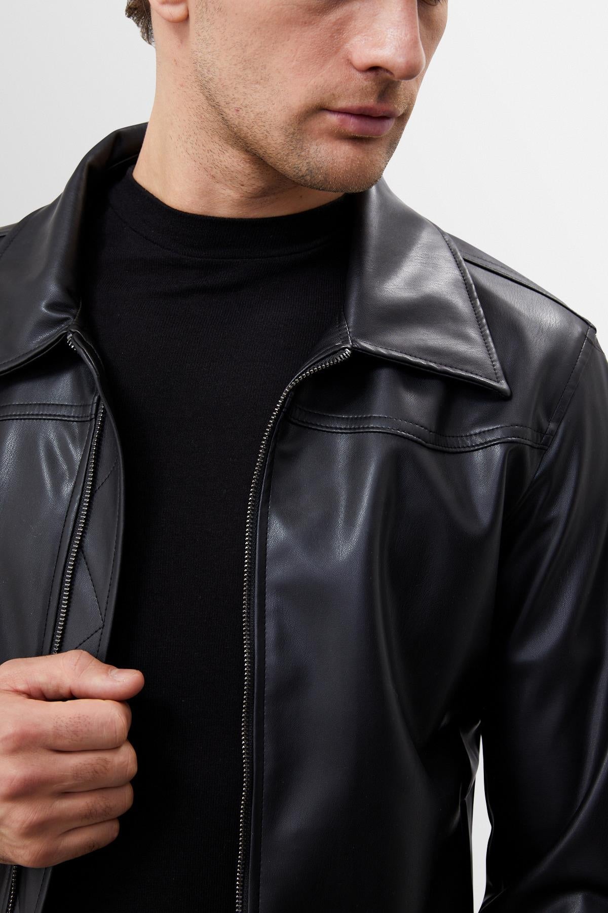 Men's Black Zippered Faux Leather Coat