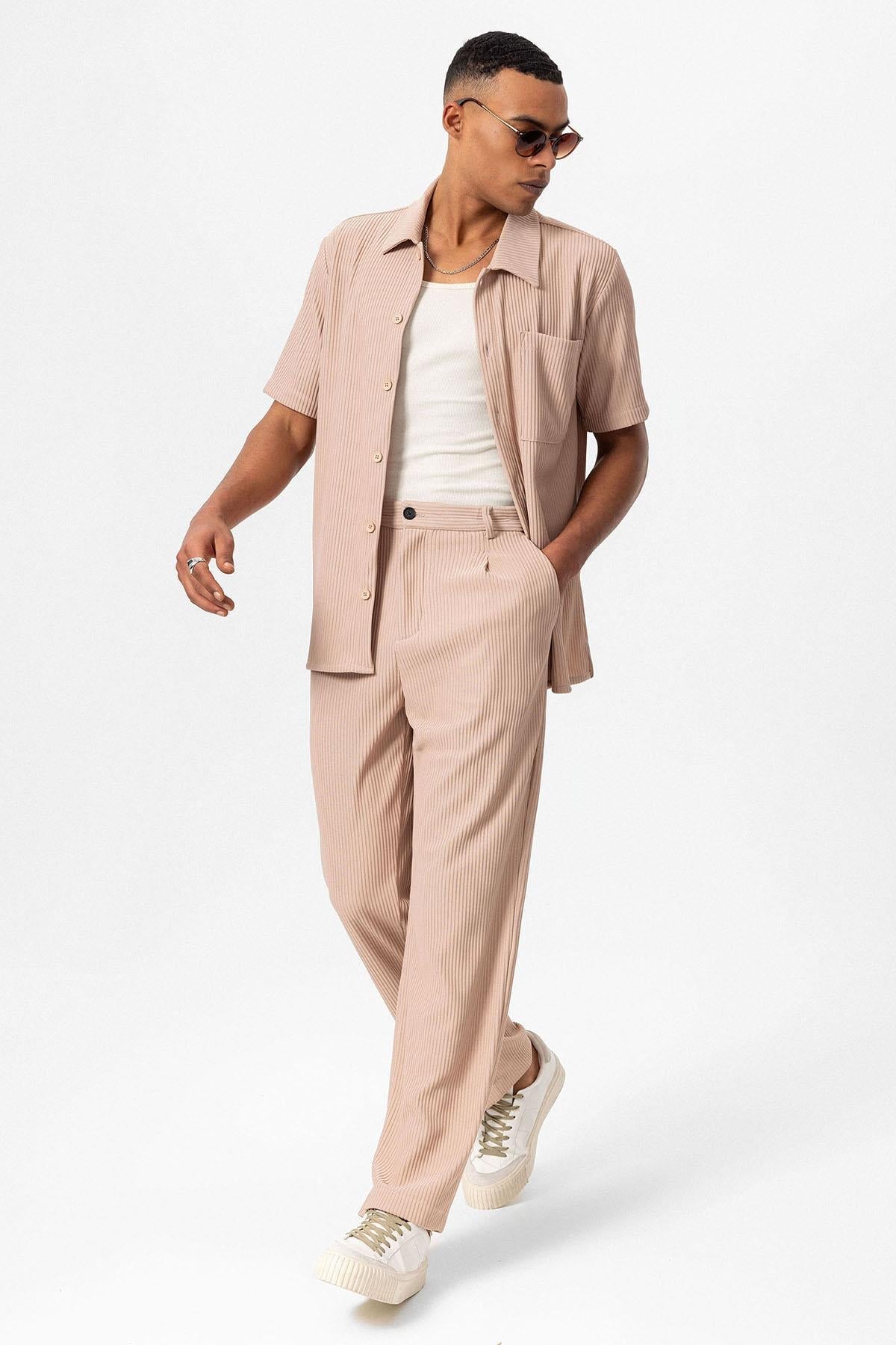 Men's Beige Short-Sleeve Ribbed Shirt